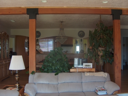Living room, looking into dining room and kitchen